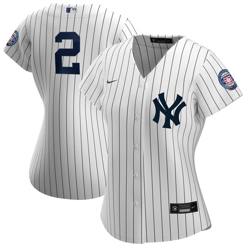 2020 MLB Women New York Yankees #2 Derek Jeter Nike White Navy 2020 Hall of Fame Induction Replica Jersey 1